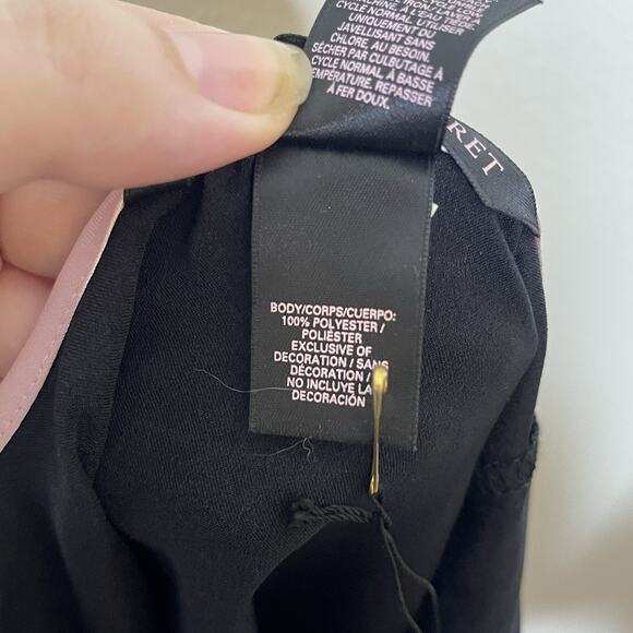 VICTORIA'S SECRET Black Shiny Satin Pink Trim Racer Back Tank Slip‎ Top Sz M NEW - Picture 6 of 9